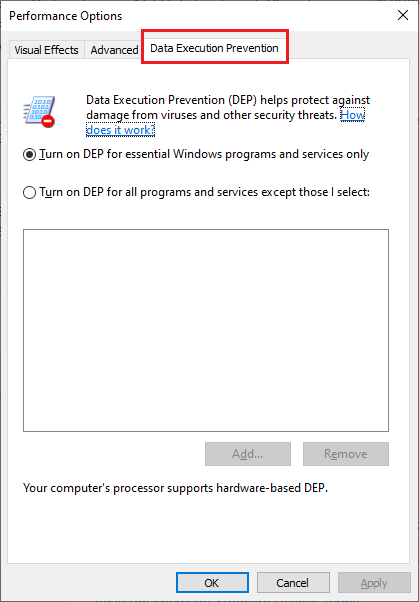 Data Execution Prevention Settings