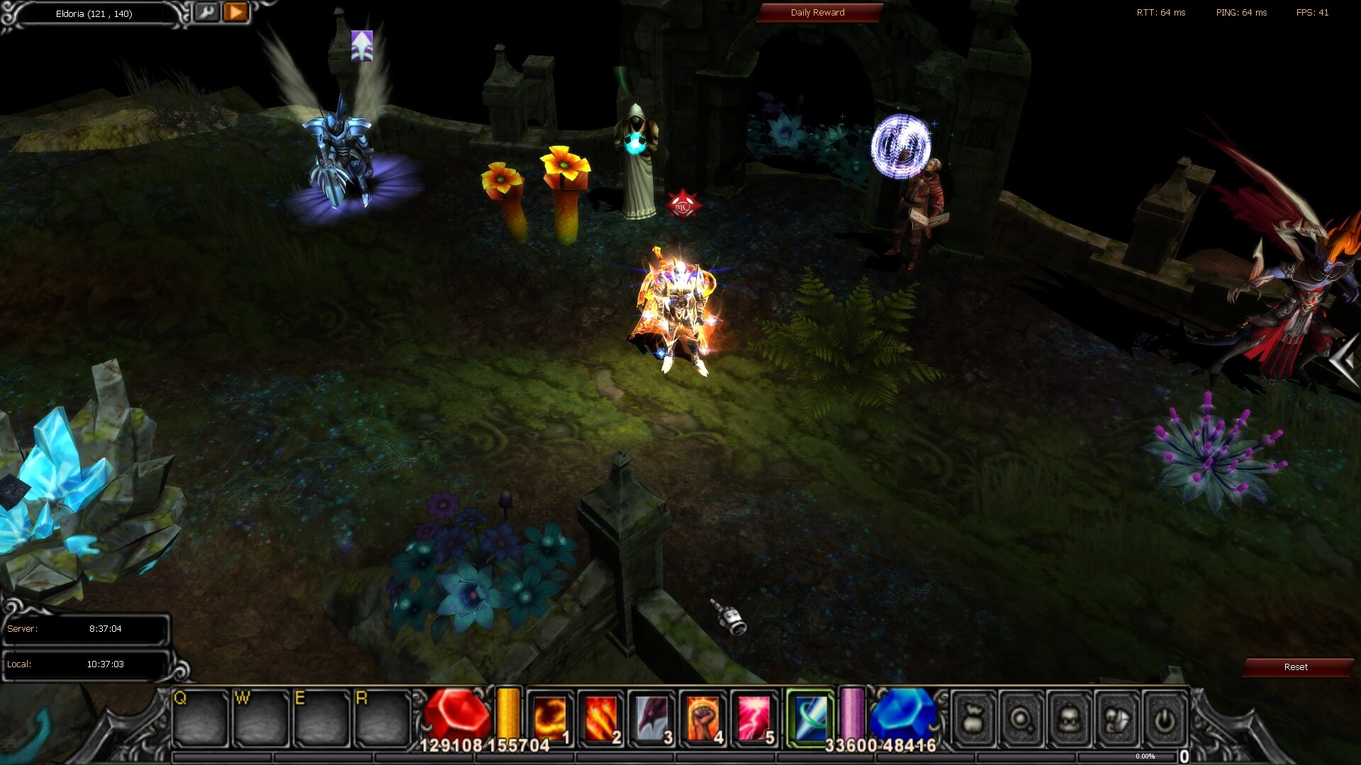 Eldoria peaceful NPC gathering area with druids and merchants in MU Online