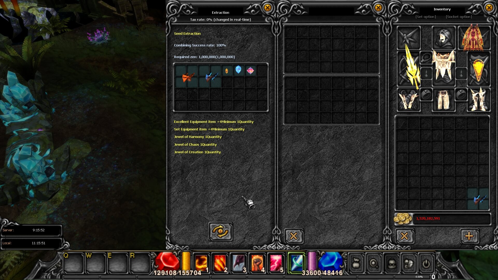 Seed extraction crafting interface showing required ingredients including Excellent item, Ancient item, and jewels