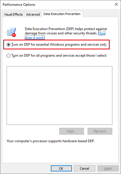 Configurações de prevenção de execução de dados